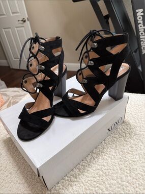 XOXO Black Strappy Lace-Up Block Heel Sandals